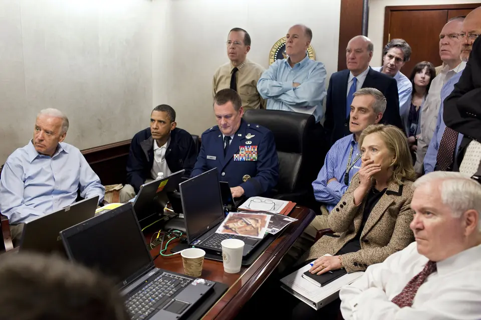 President Barack Obama, Vice President Joe Biden and members of the national security team receive an update on the mission against Osama bin Laden in the White House Situation Room, 1 May 2011
