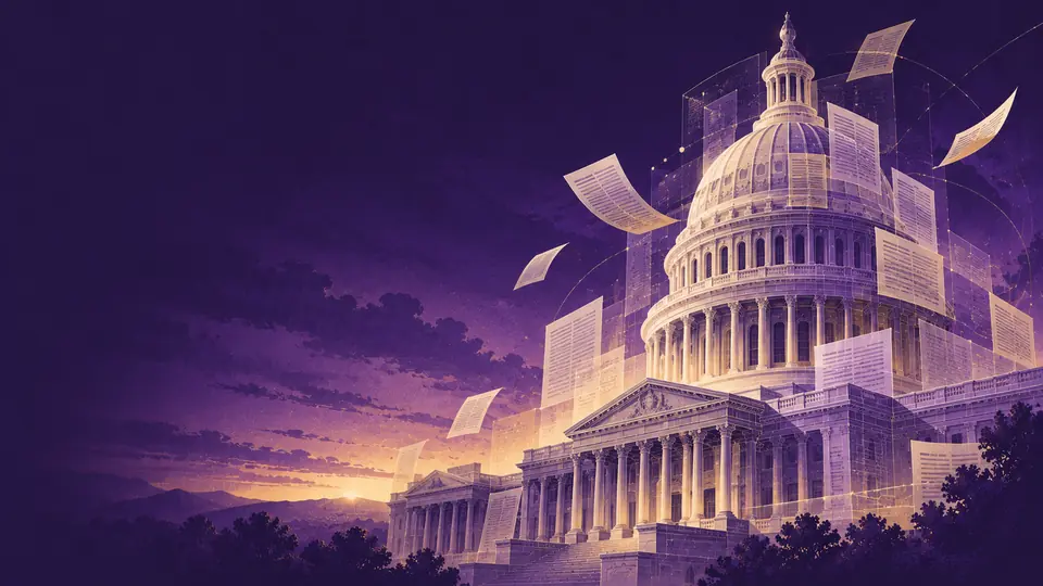 Illustration: a capitol dome with pages of documents floating around it at dusk