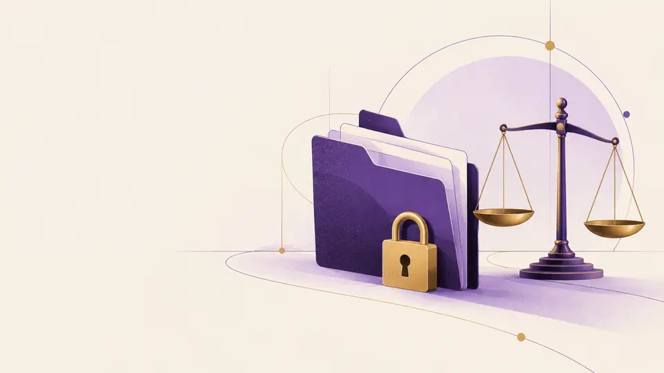 Illustration: a folder with a gold padlock beside a pair of balanced scales