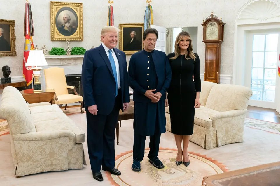 President Donald Trump, Prime Minister Imran Khan of Pakistan and Melania Trump in the Oval Office, 22 July 2019