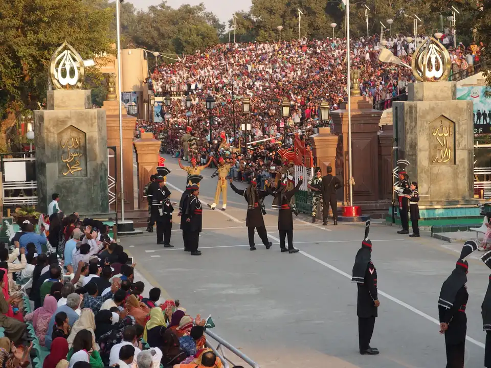 Crowds and guards at the border-closing ceremony at Wagah, between India and Pakistan, October 2014