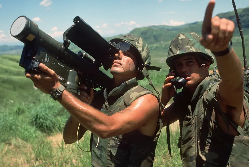 US Marines with an FIM-92 Stinger missile launcher and a field radio during an exercise in 1984: the shoulder-fired missile supplied to the Afghan resistance from 1986