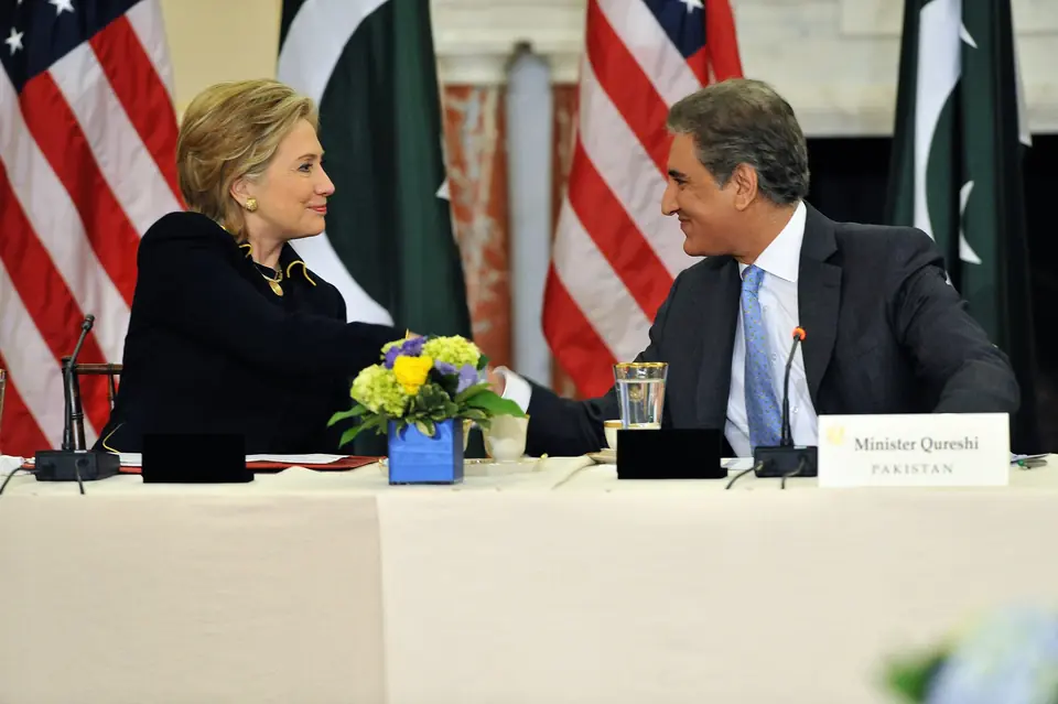 Secretary of State Hillary Rodham Clinton shakes hands with Pakistani Foreign Minister Shah Mahmood Qureshi at the US-Pakistan Strategic Dialogue meeting at the Department of State, Washington, 24 March 2010