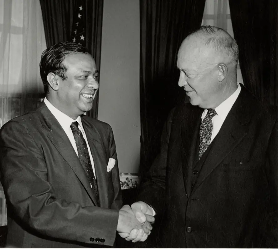 Pakistani Prime Minister Bogra shakes hands with President Eisenhower in the Oval Office, 16 October 1954