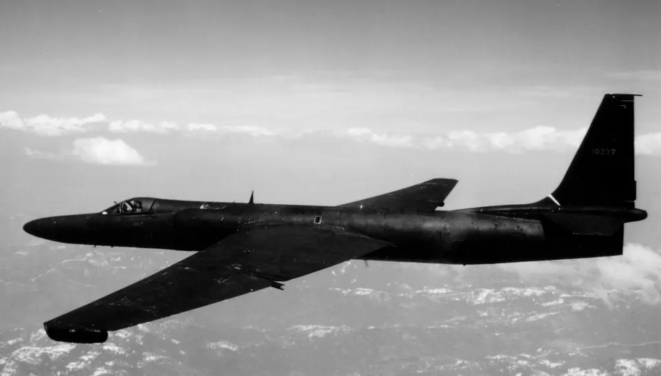 A Lockheed U-2R in flight, about 1967-70: a later model of the U-2 spy plane, the type flown from Peshawar in 1960