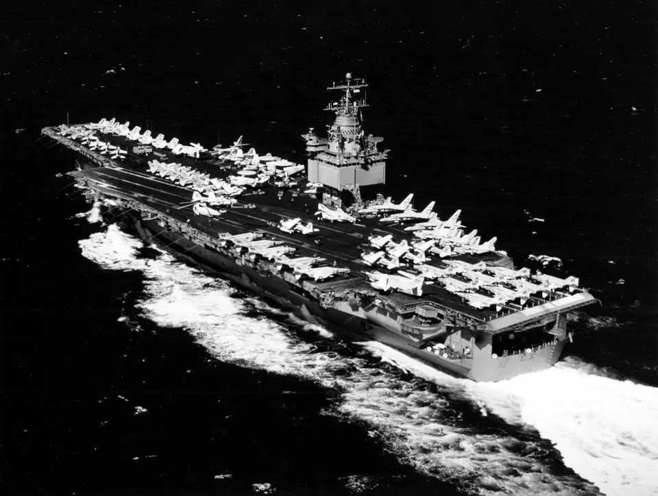 The US Navy aircraft carrier USS Enterprise at sea in 1971, the year it led the task force sent towards the Bay of Bengal